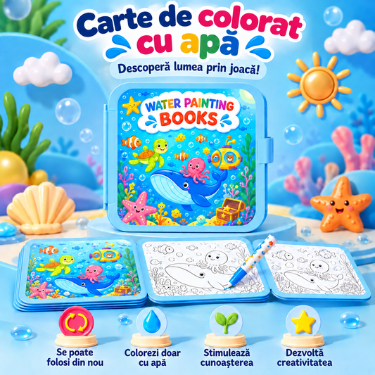 Carte de Colorat cu Apă Reutilizabilă pentru Copii 3+ – 10 Desene